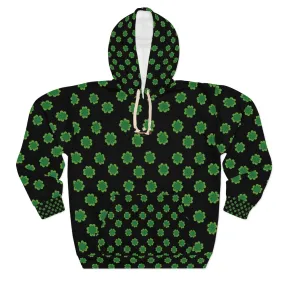 Black Green Clover Hoodie, St. Patrick's Day Unisex Pullover Hoodies Sweatshirt - Made in USA