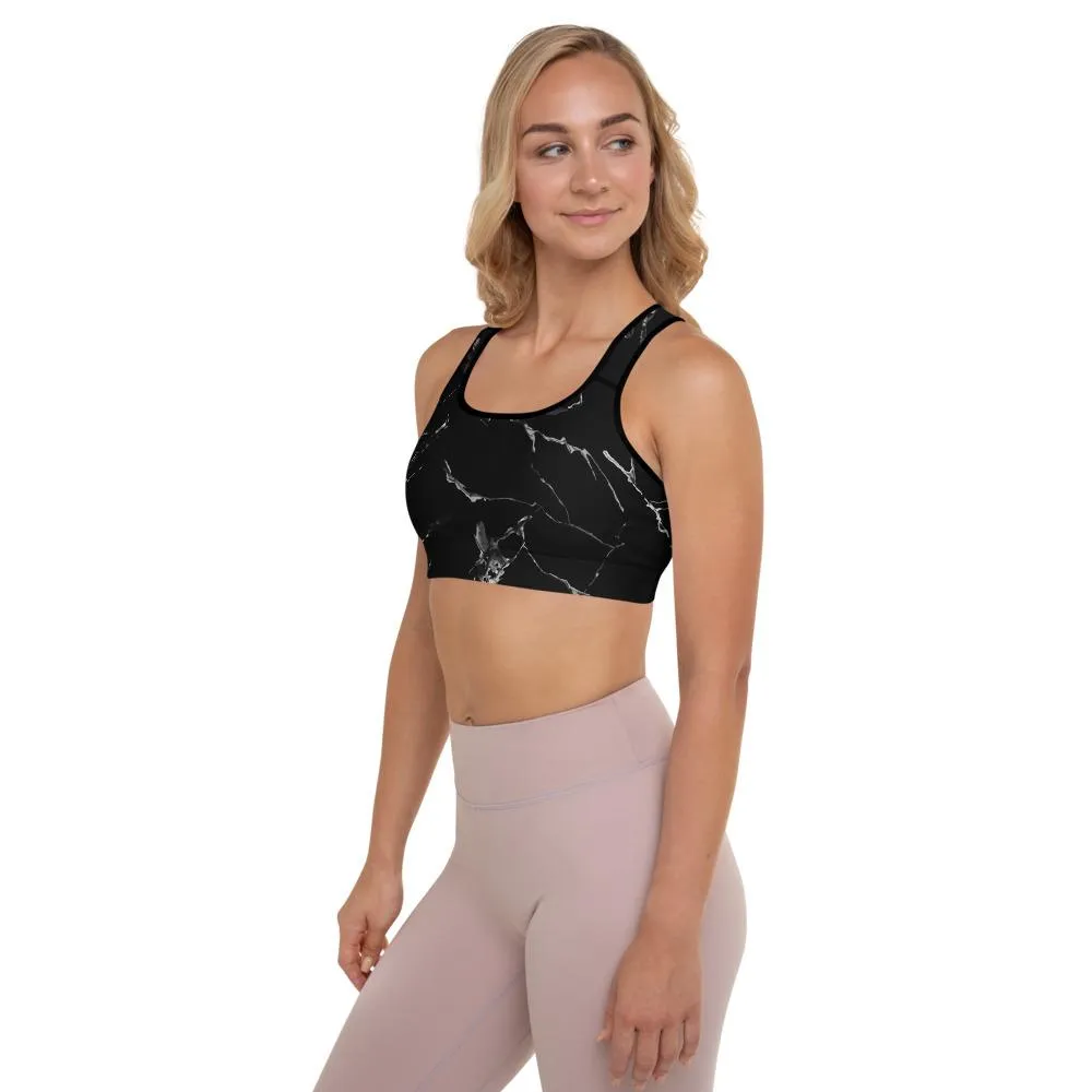 Black Marble Print Sports Bra, Premium Padded Fitness Gym Women's Bra- Made in USA/EU