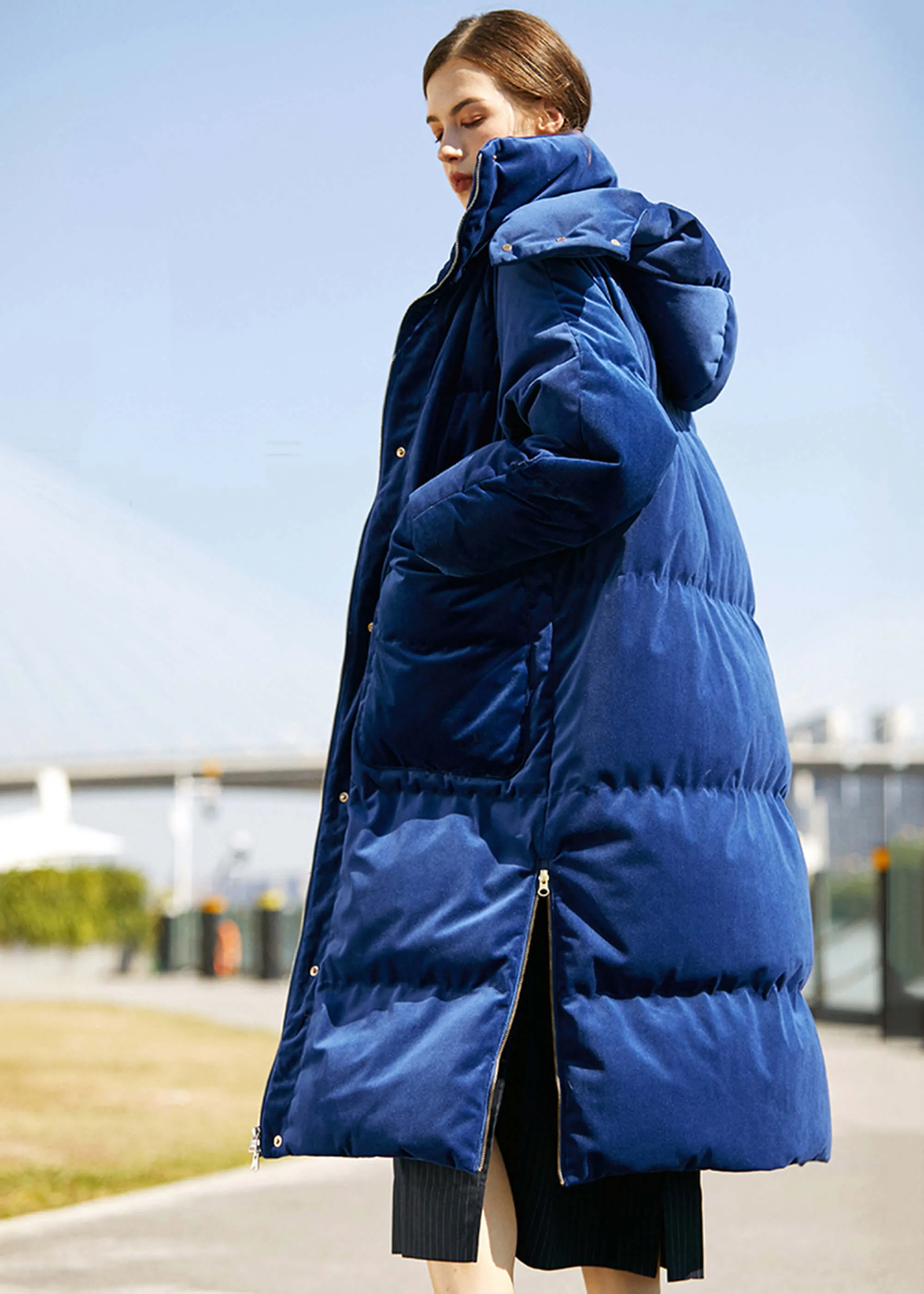 Blue Velvet Hooded Long Down Puffer Parka Coat