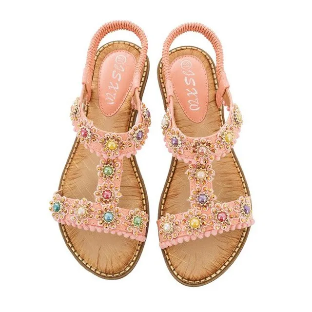 Bohemian Casual Women Sandals Fashion Women Round Toe Crystal Flat Bottom Beach Shoes