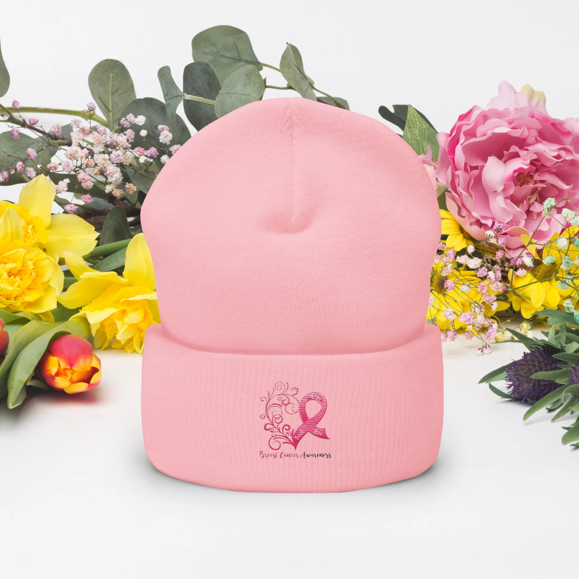 Breast Cancer Awareness Heart Pink Cuffed Beanie (Embroidered Design)