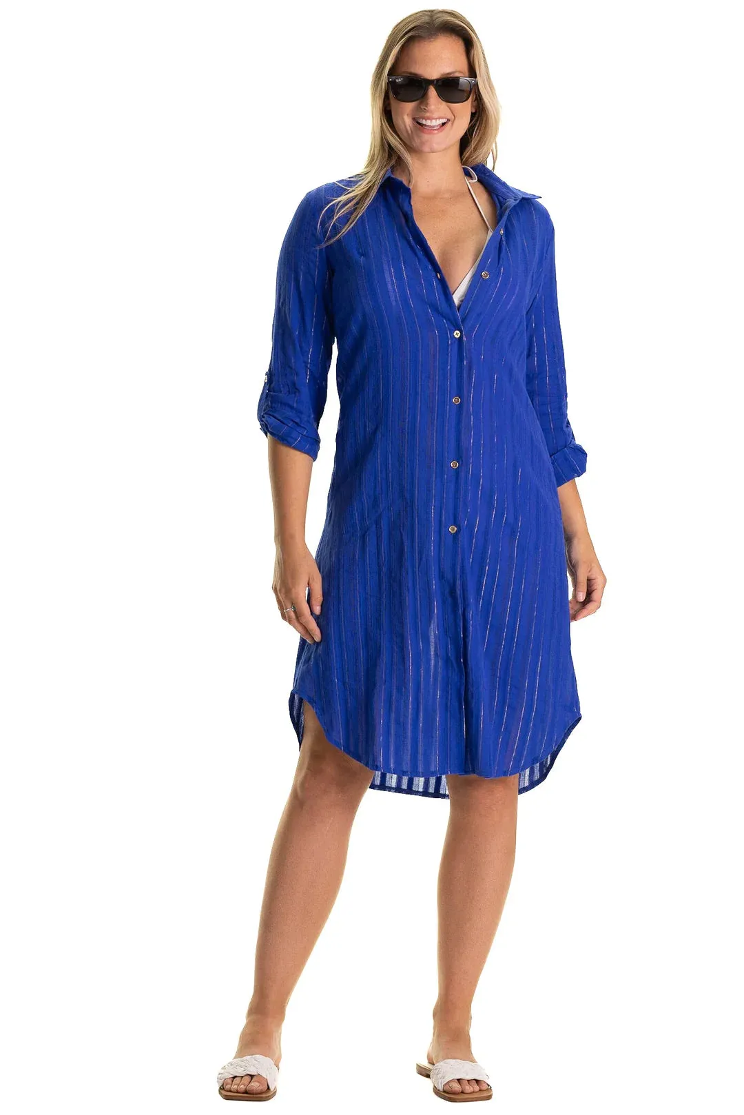 Bright Blue with Metallic Striped Midi Coverup