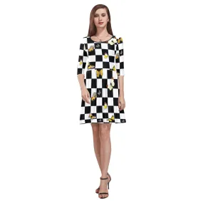 butterfly checker bw print Tethys Half-Sleeve Skater Dress(Model D20)