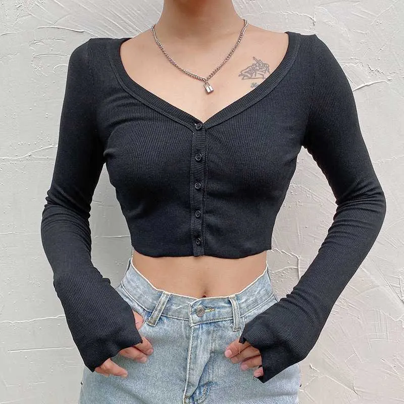 Casual Ribbed Off The Soulder Cropped Button Up Knit Tops For Ladies