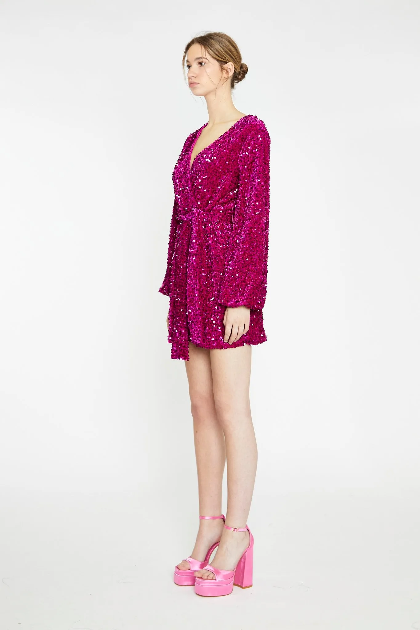 Cerise Velvet-Sequin Tie-Waist Wrap Mini-Dress