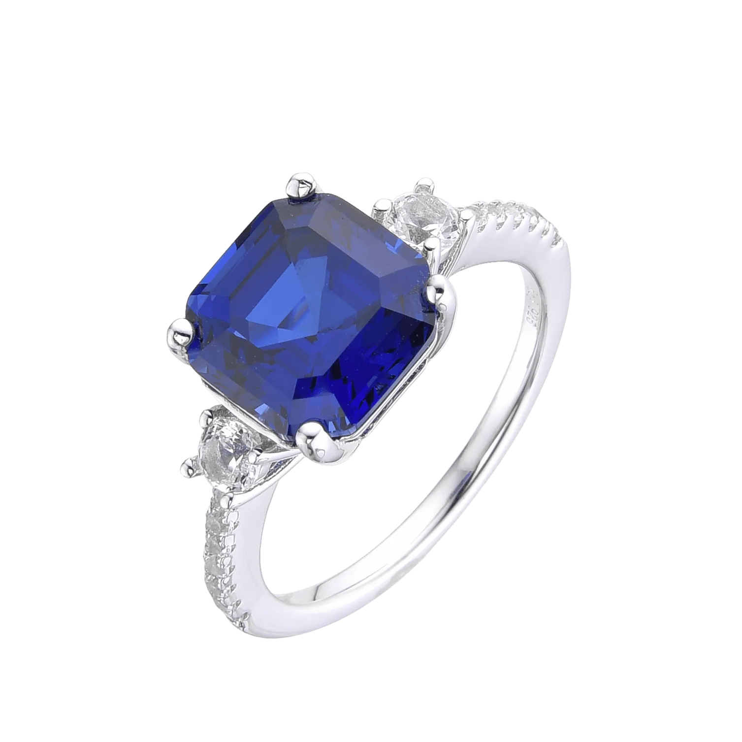 Ceylon Sapphire Asscher Cut Three Stone Ring