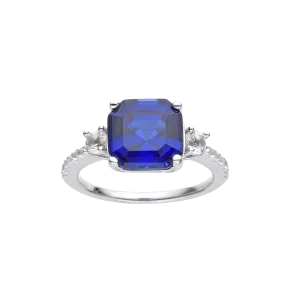 Ceylon Sapphire Asscher Cut Three Stone Ring