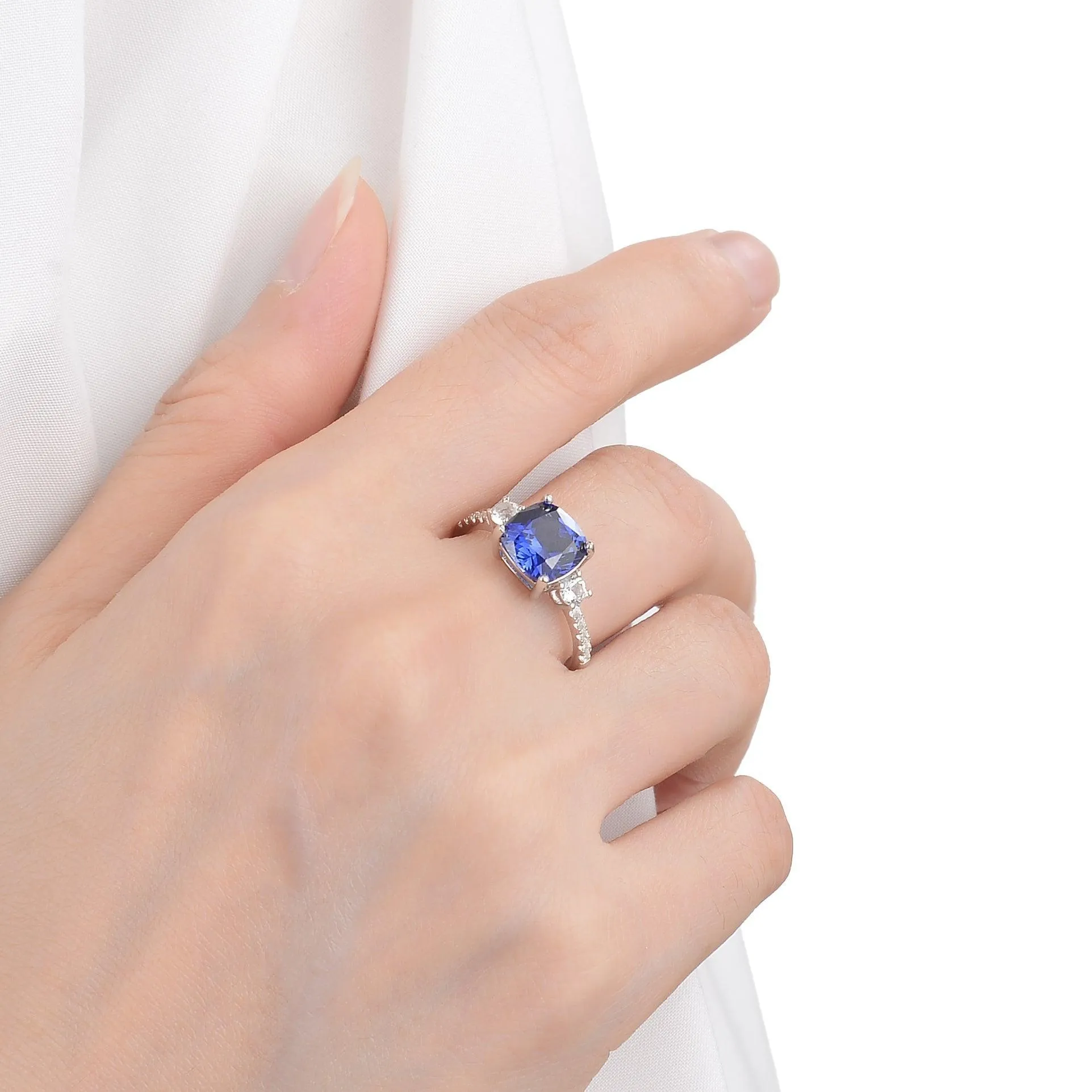 Ceylon Sapphire Asscher Cut Three Stone Ring