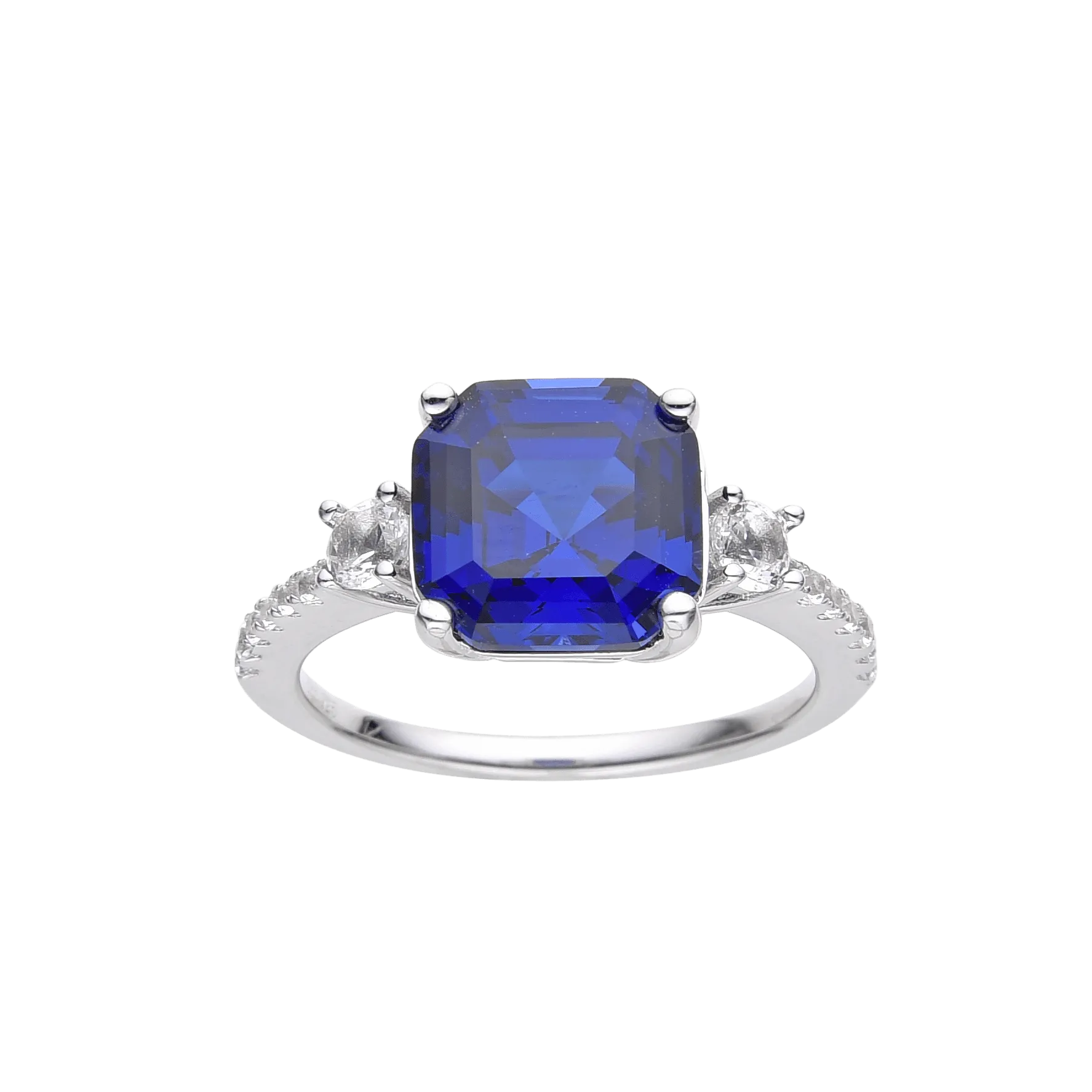 Ceylon Sapphire Asscher Cut Three Stone Ring