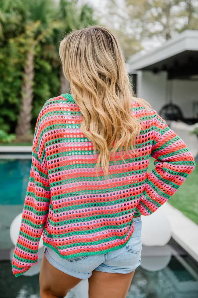 Chasing Rainbows Pink And Green Crochet Sweater FINAL SALE