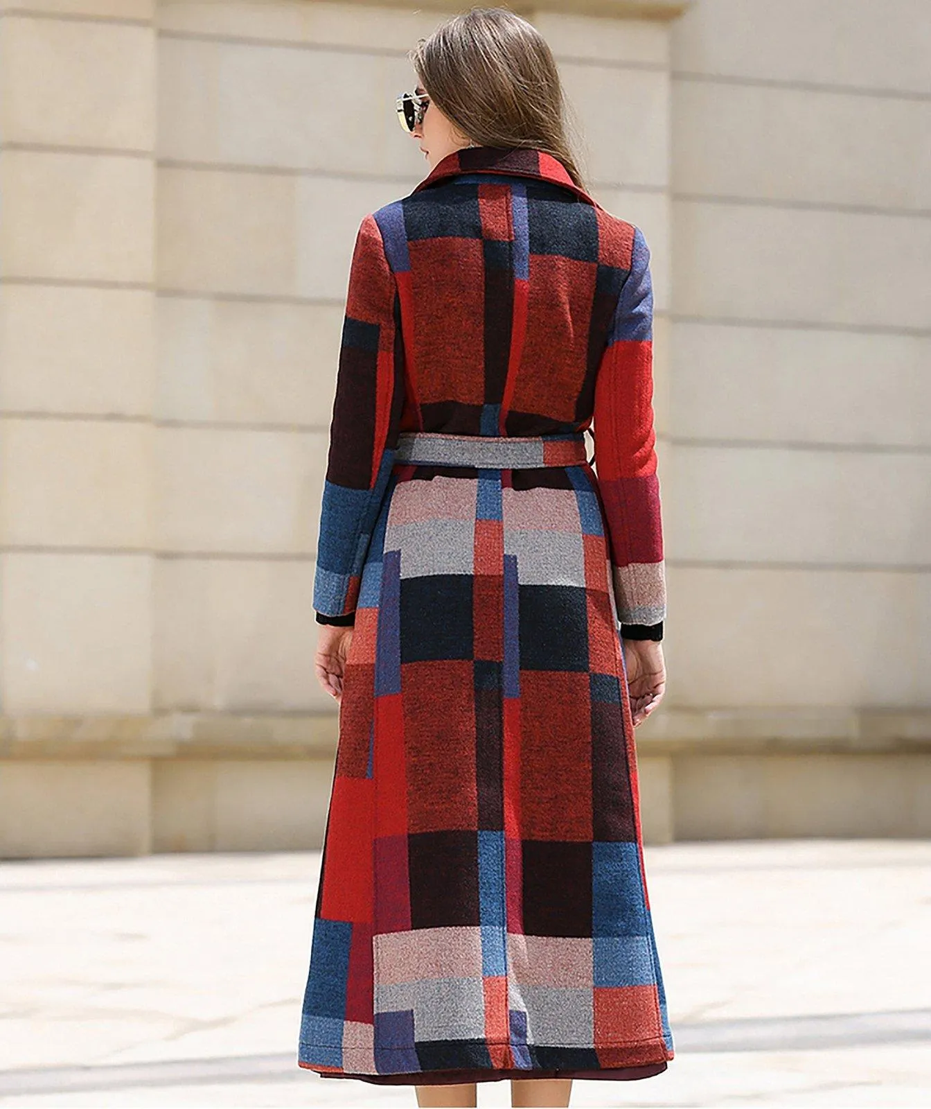 Dressy Geometric Pattern Wool Blend Long Coat