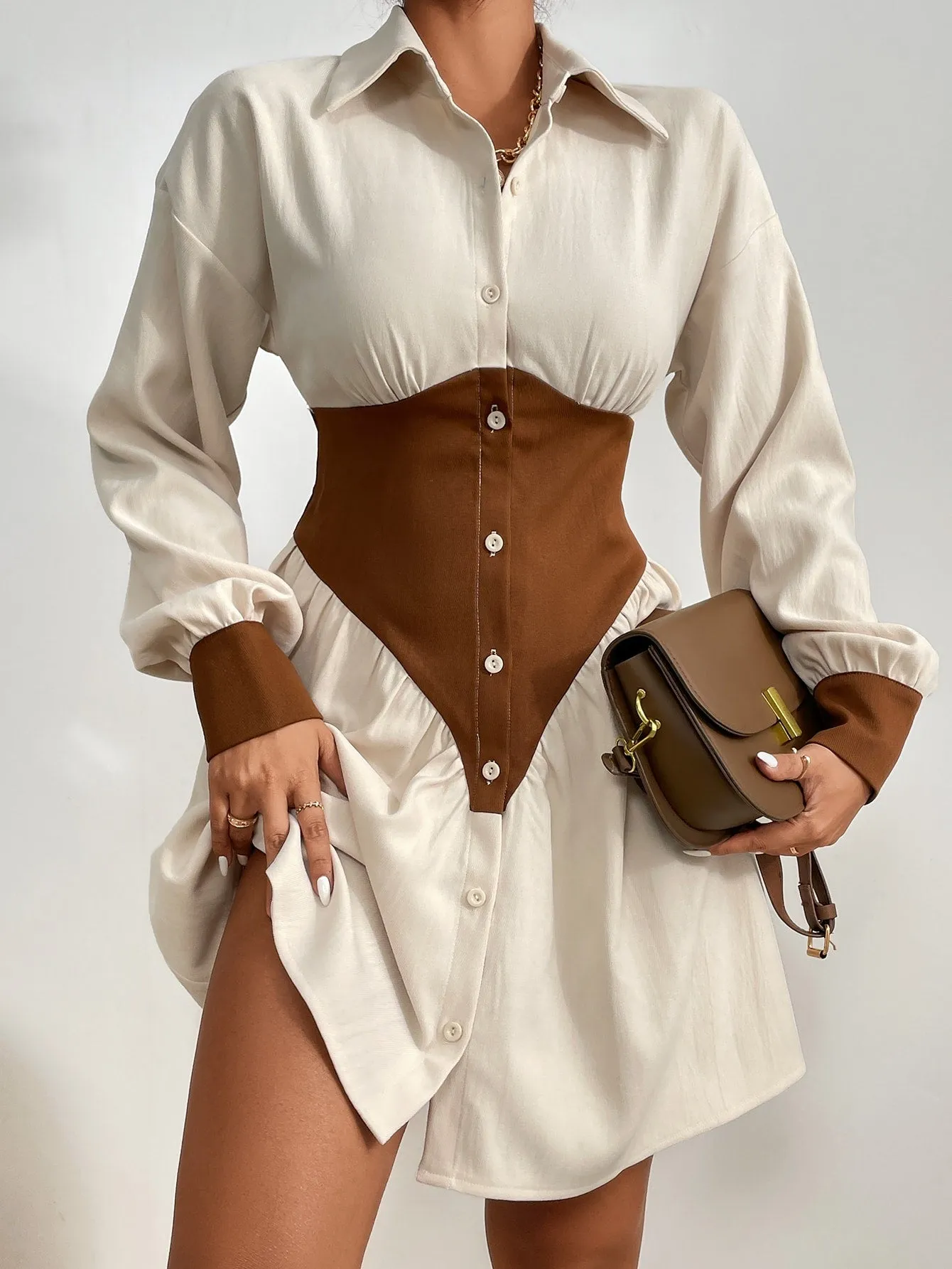 Drop Shoulder Button Front Shirt Dress