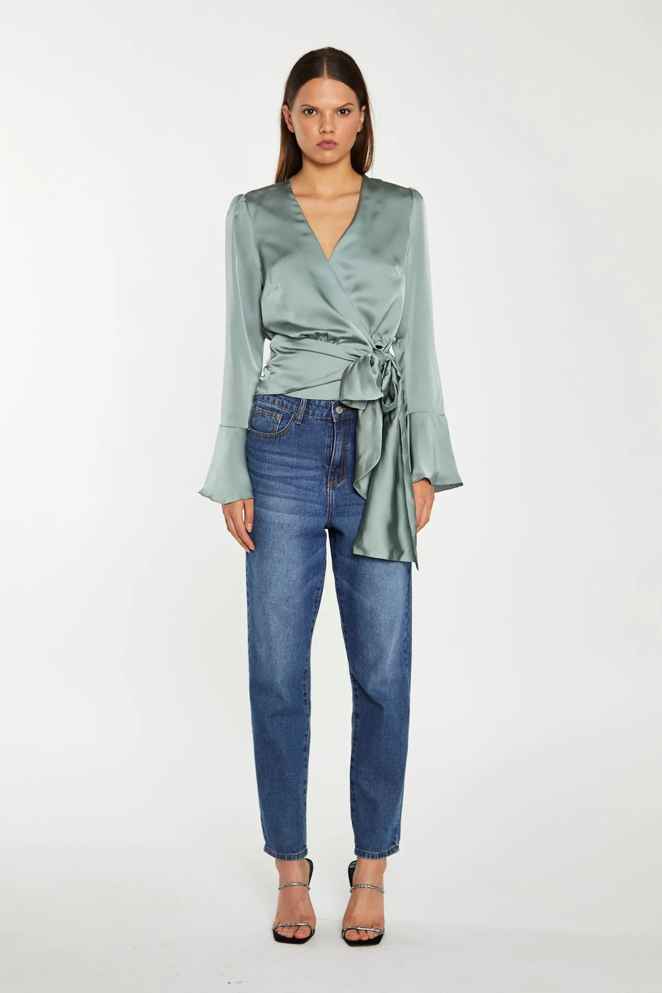 Dusty-Green Satin Wrap Front Blouse