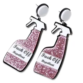 Earrings - Pink Glitter F Off repellent spray bottle drops