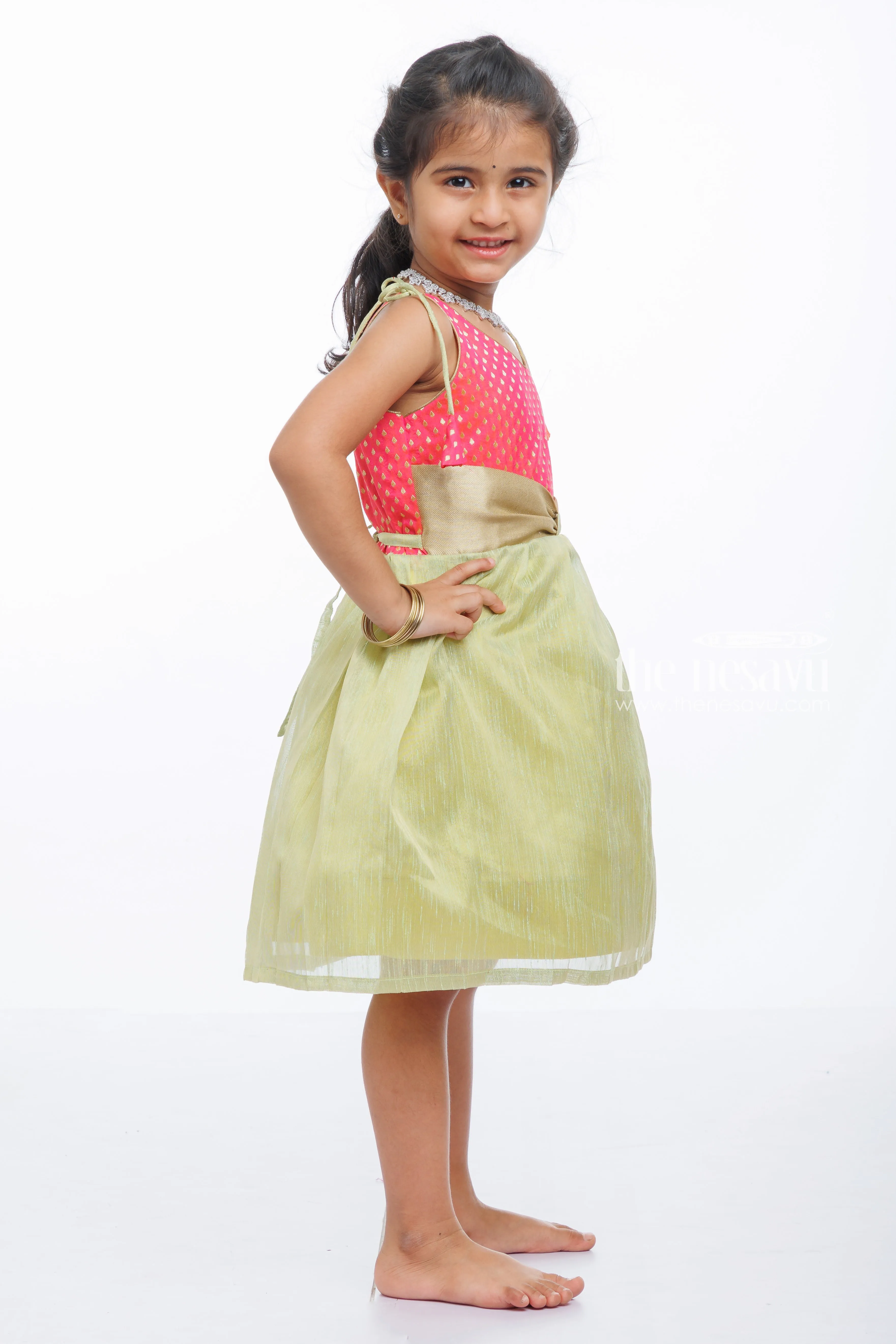 Elegant Pink Polka-Dot Silk Tie-Up Frock for Girls