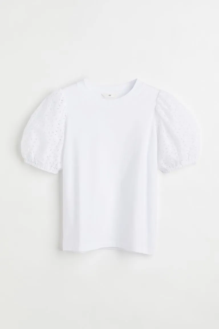 Embroidered-sleeve white T-shirt