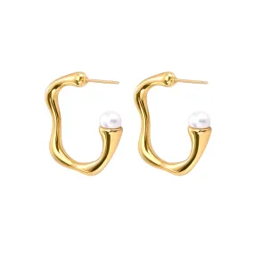 ER082GP B.Tiff High Polish Rivière Freshwater Pearl Gold Plated Stainless Steel Earrings