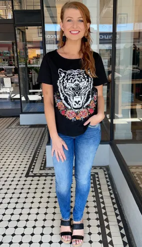 Floral Tiger Embroidered Tee Black