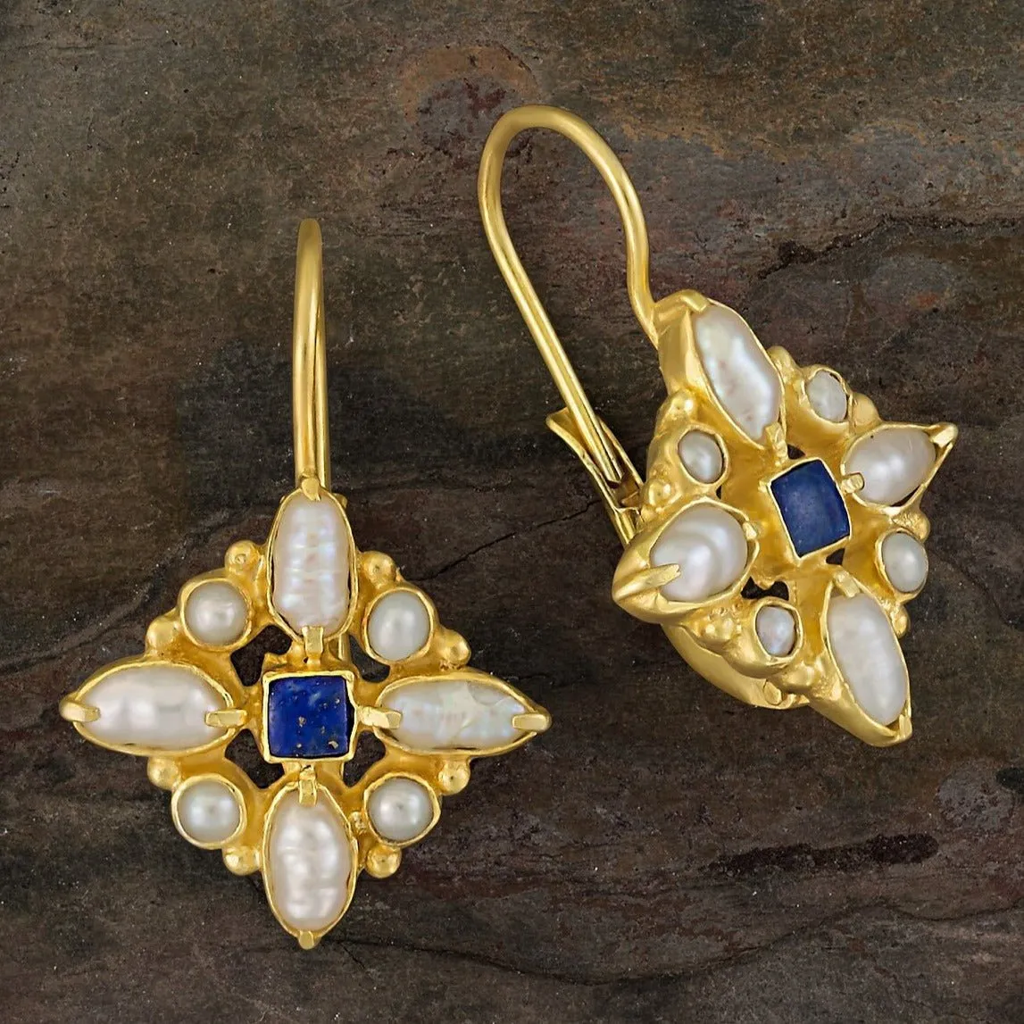 Florentine Cross Lapis and Pearl Earrings