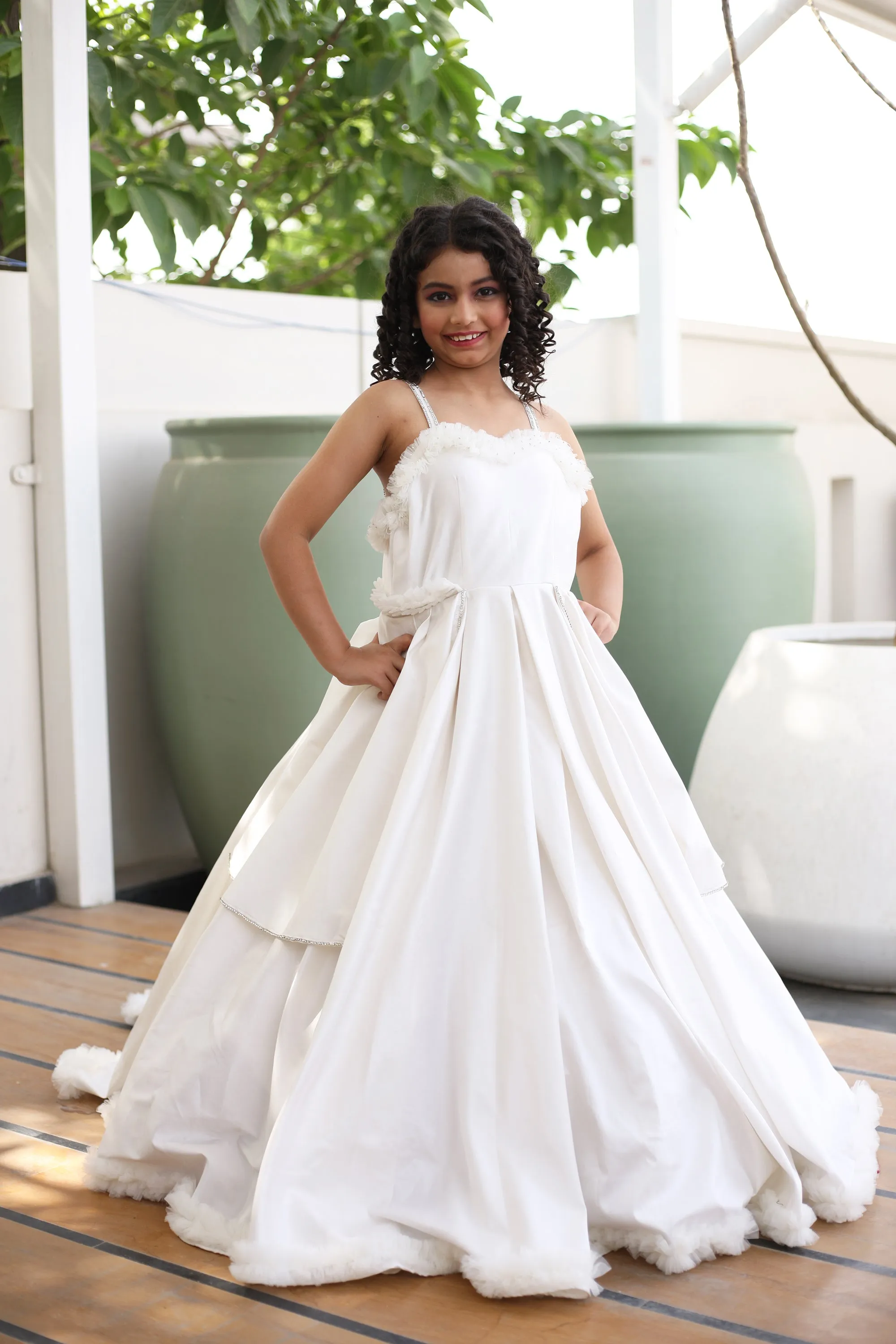 Girls' White Anarkali Gown- Small