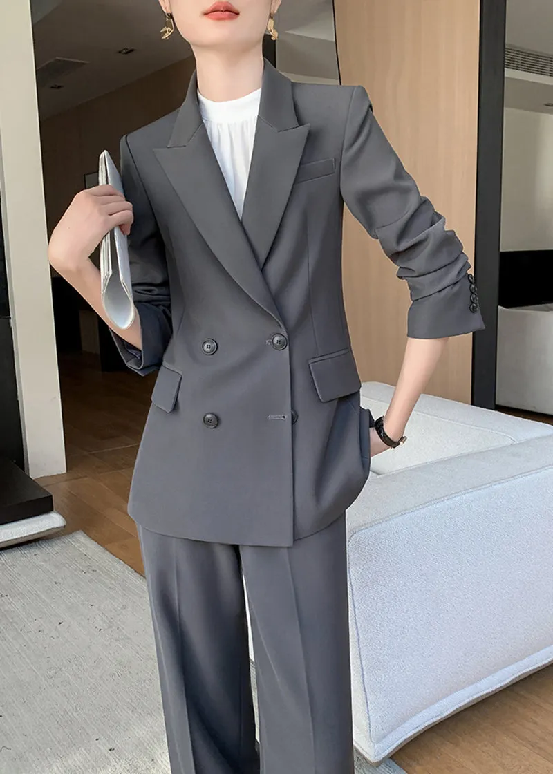 Gray Double Breasted Blazer Wide Pants Suit Two-Piece Set