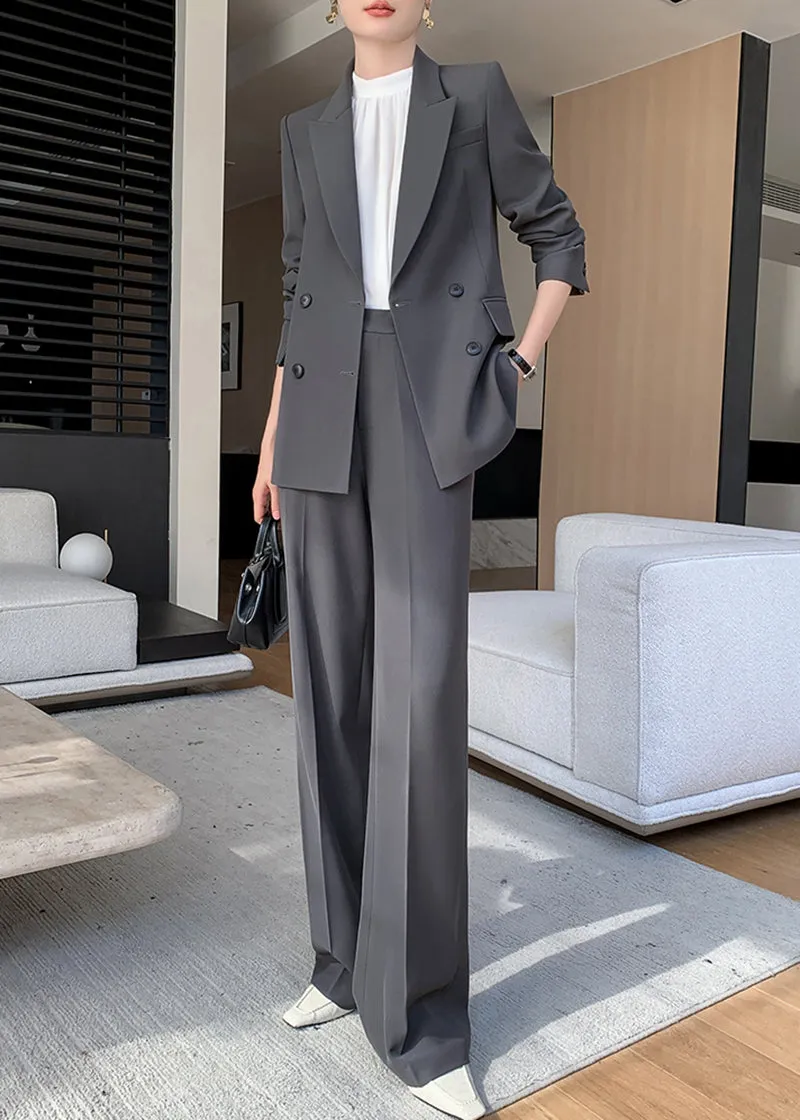 Gray Double Breasted Blazer Wide Pants Suit Two-Piece Set