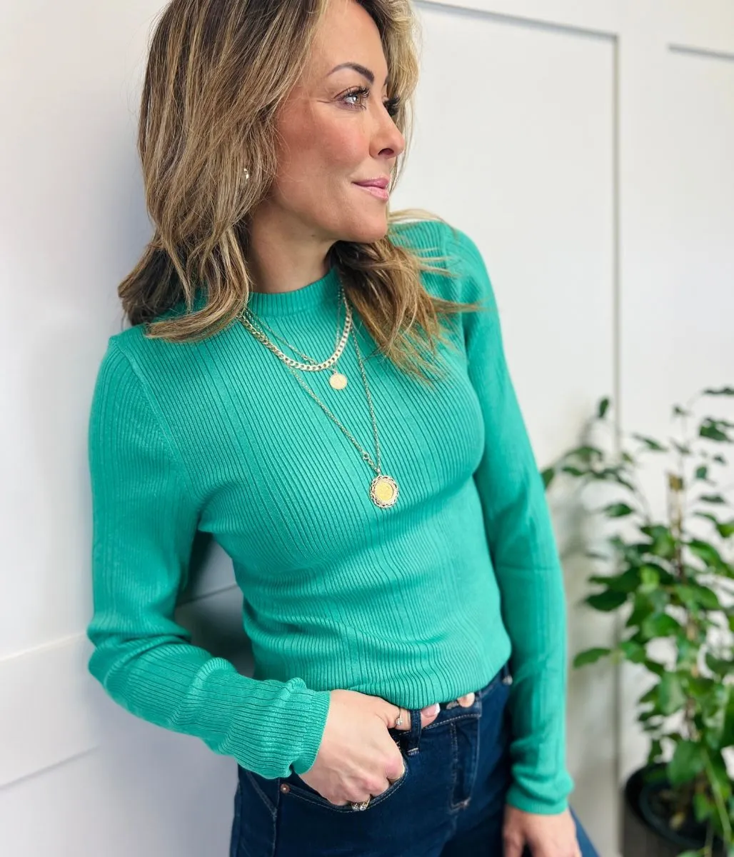 Green Ribbed Crew Neck Jumper