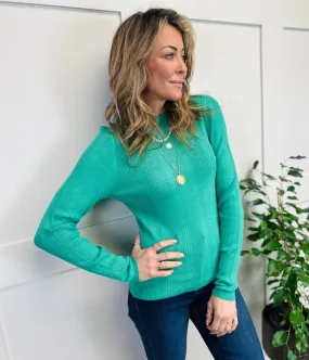 Green Ribbed Crew Neck Jumper