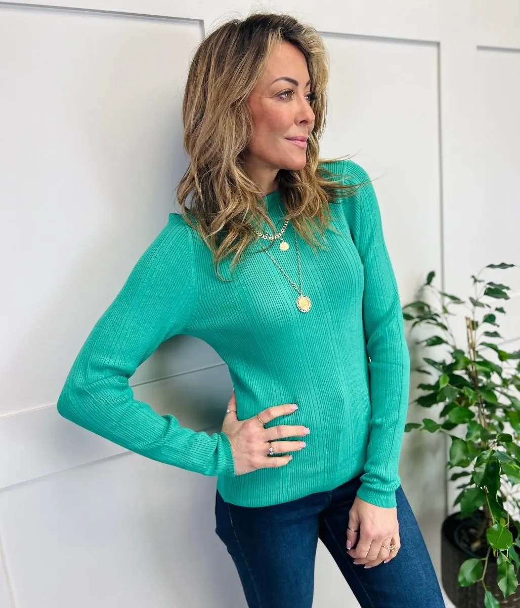 Green Ribbed Crew Neck Jumper