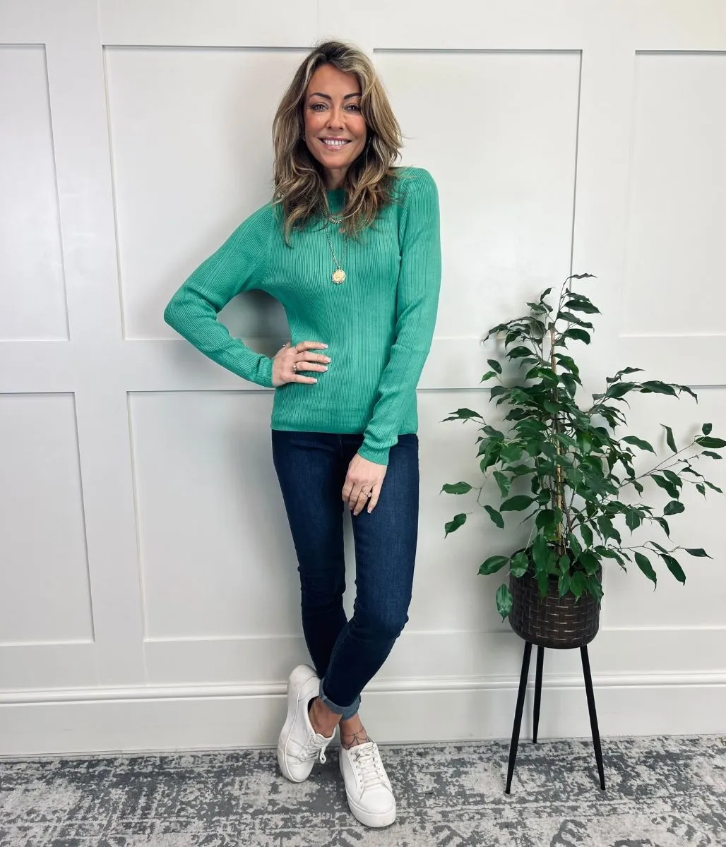 Green Ribbed Crew Neck Jumper