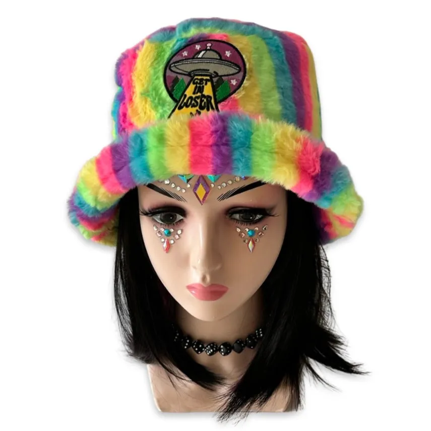 Handmade neon stripes furry bucket hat - Get in loser