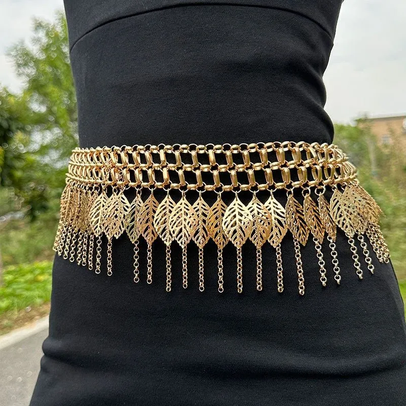 Heavy Industry Waist Chain Multi layered Golden Leaf Tassel Belt