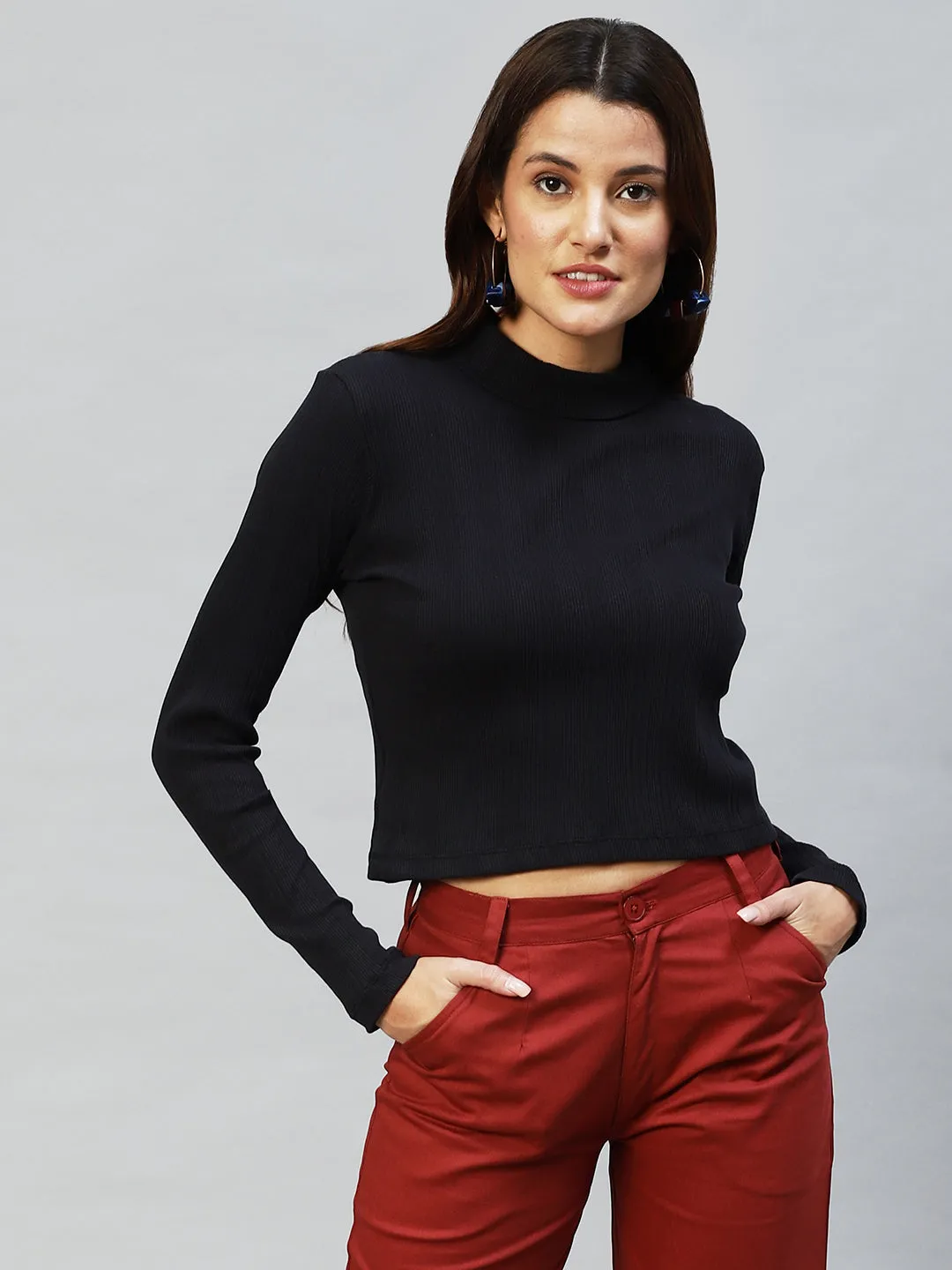 High Neck Full Sleeves Rib Top