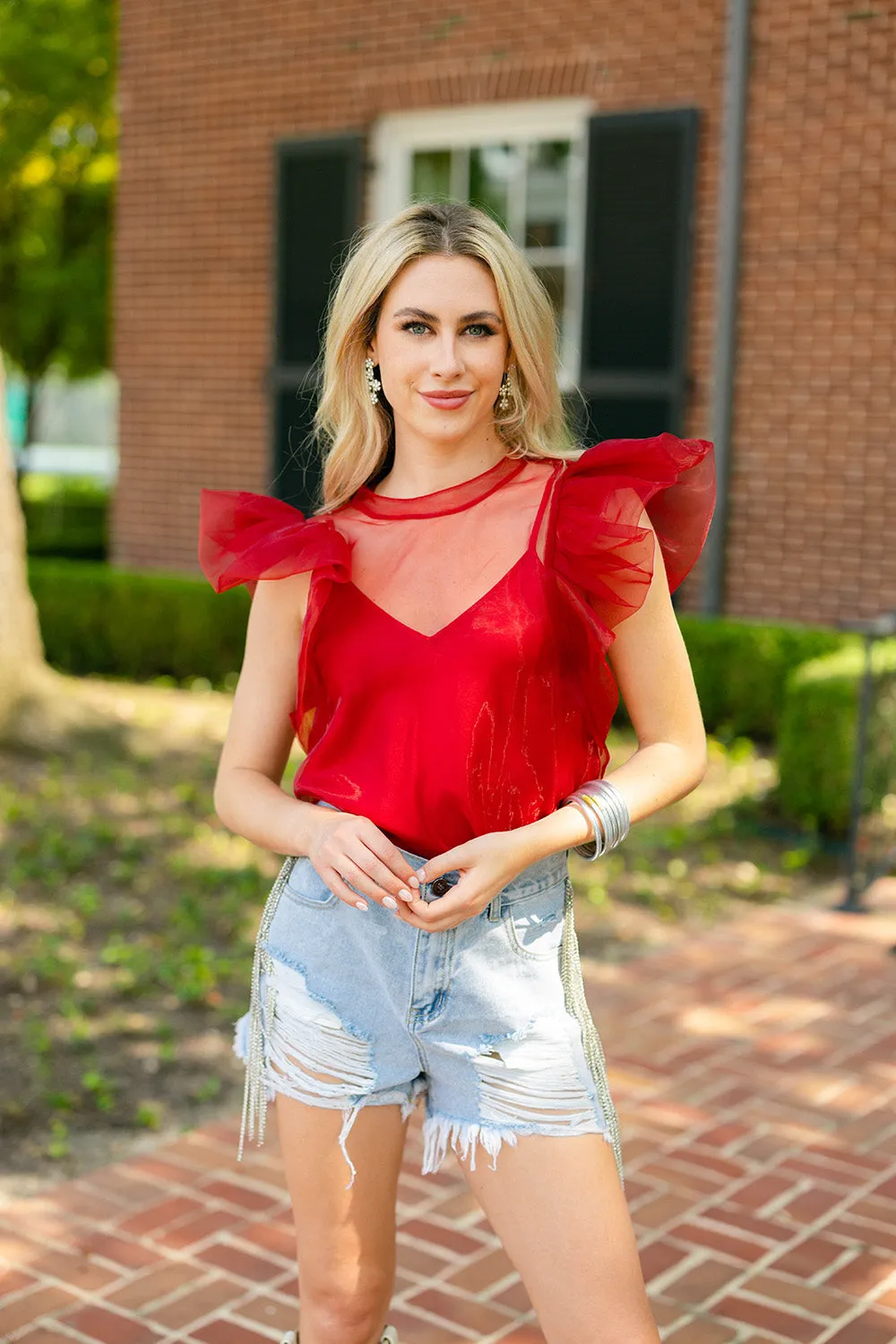 Kaycee Organza Ruffle Sleeve Top - Red