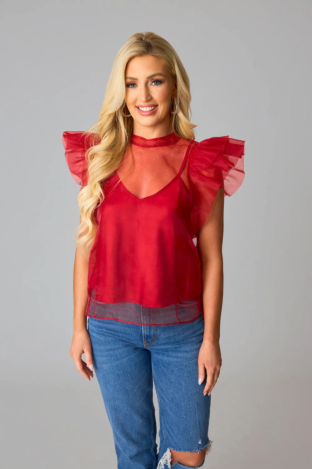 Kaycee Organza Ruffle Sleeve Top - Red