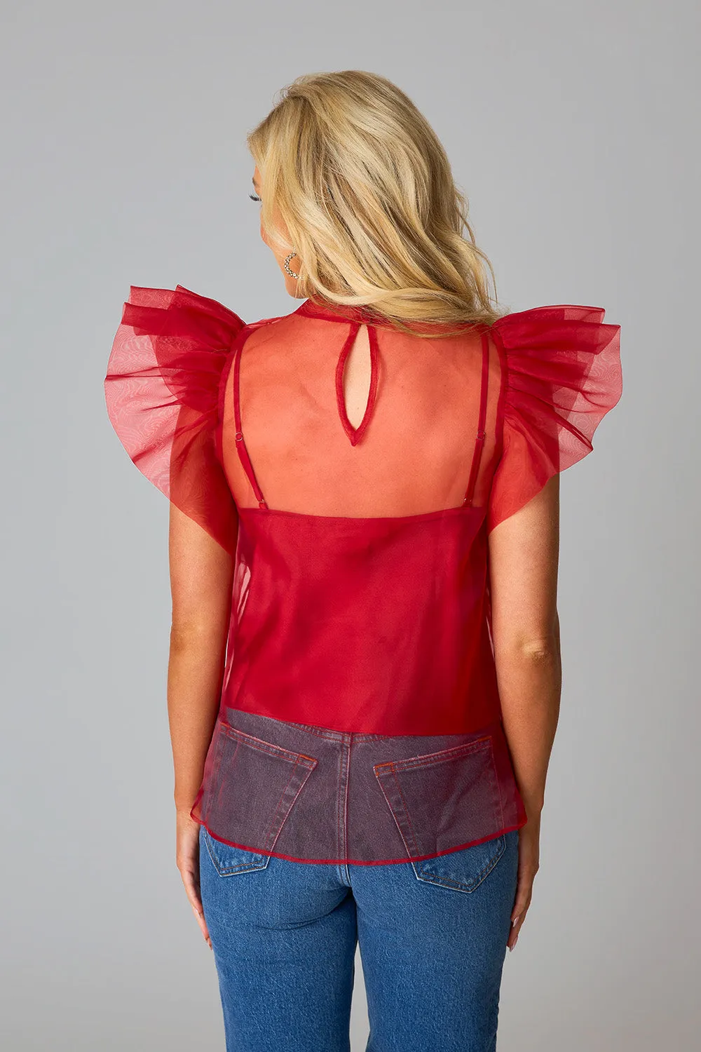 Kaycee Organza Ruffle Sleeve Top - Red