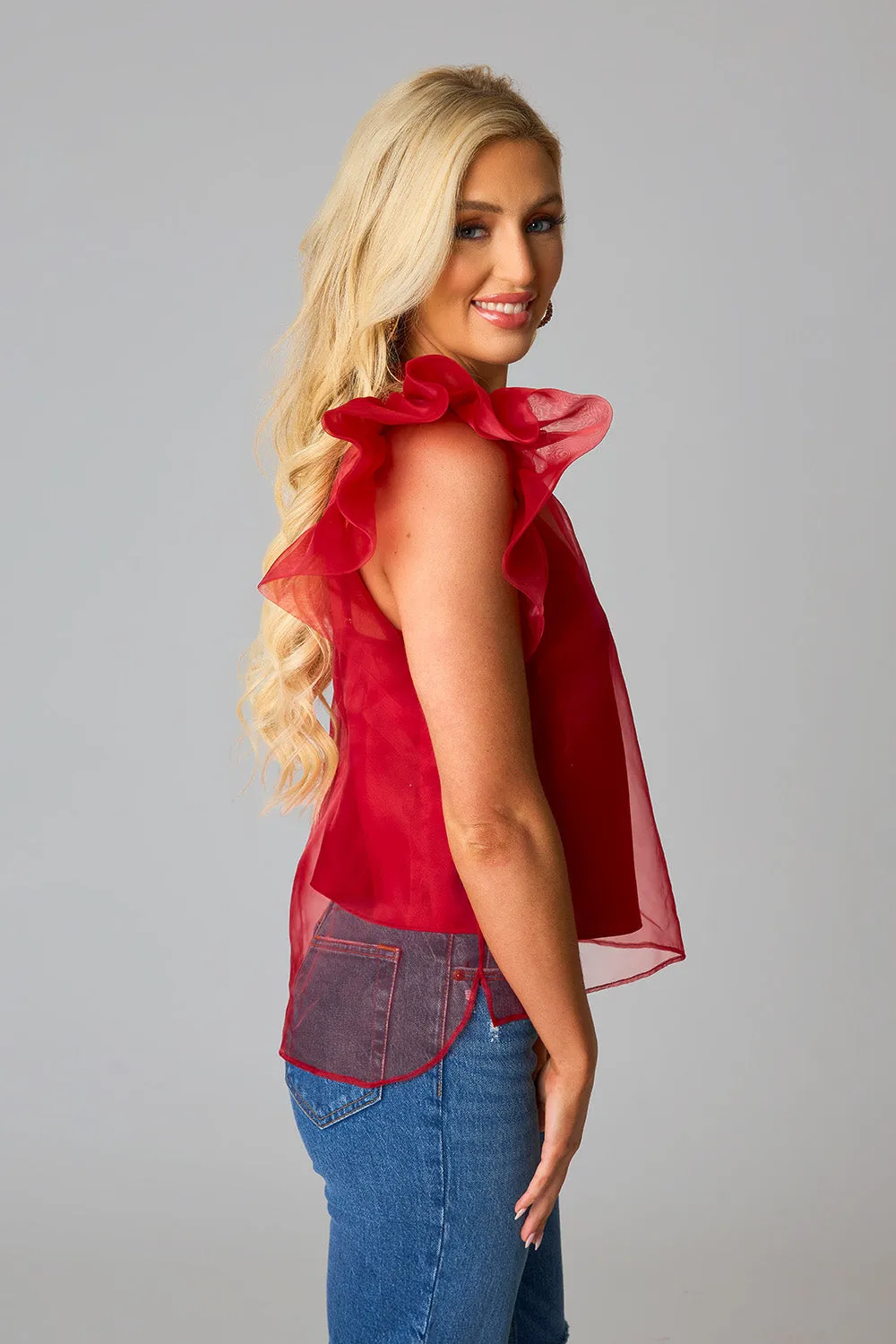 Kaycee Organza Ruffle Sleeve Top - Red