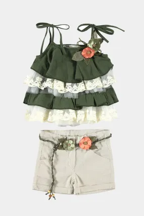 Khaki Layered Top And Shorts Girls Set