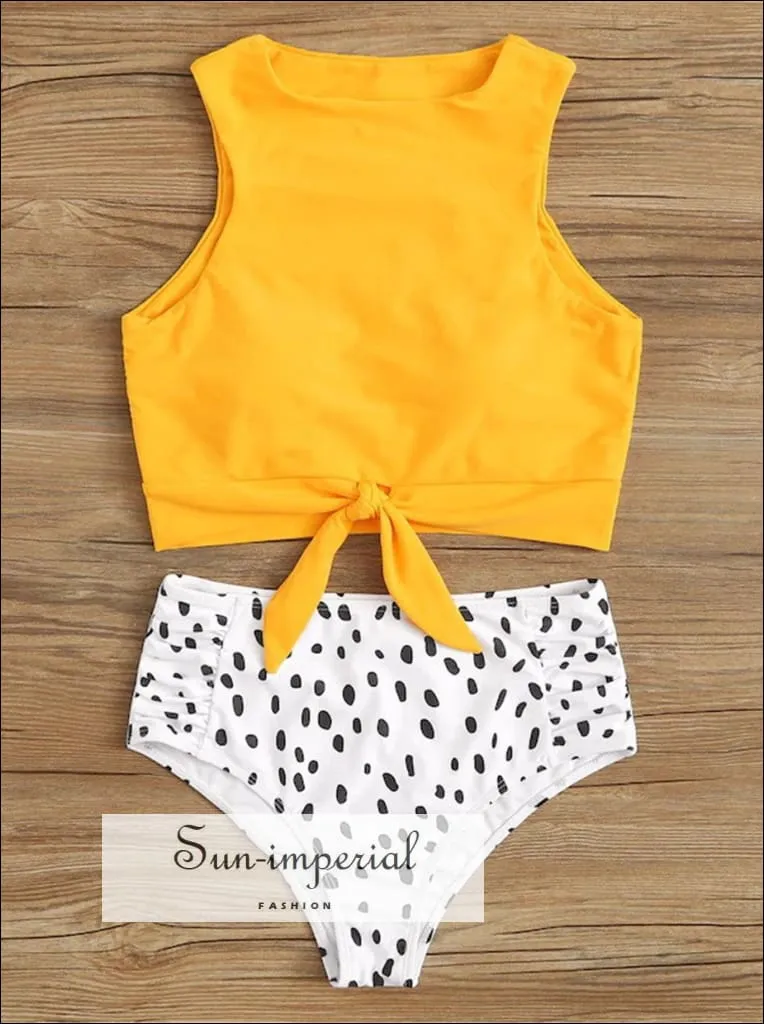 Knot front top with Dot High Waist Bikini Set - Daysy top Yellow bottom