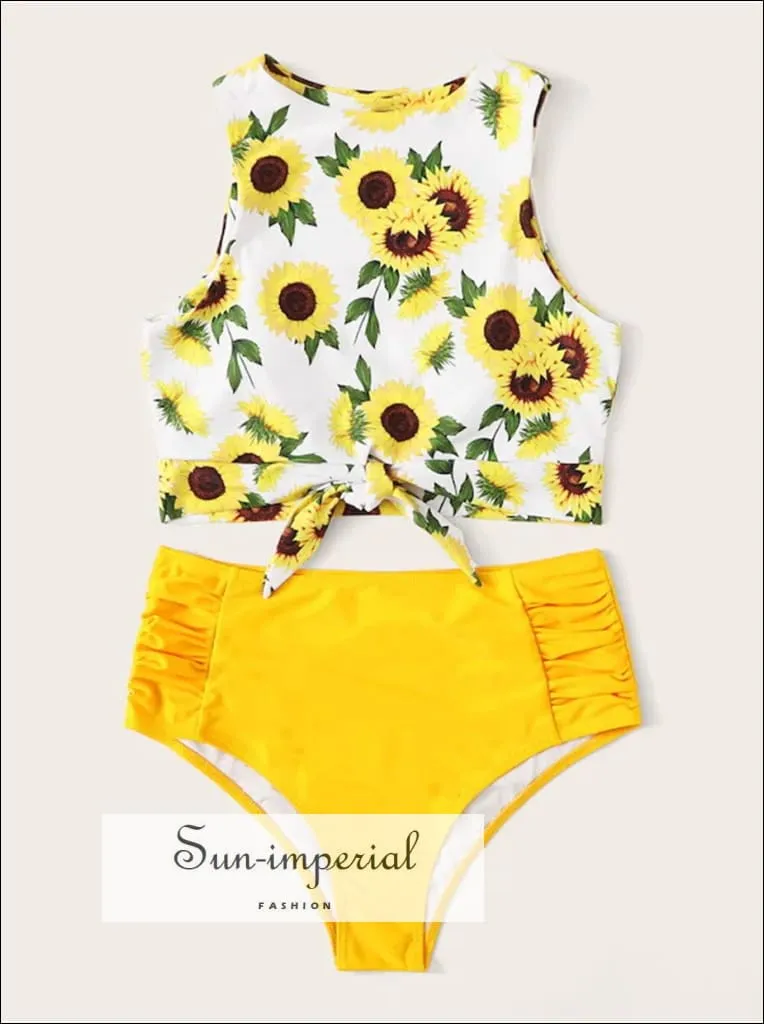 Knot front top with Dot High Waist Bikini Set - Daysy top Yellow bottom