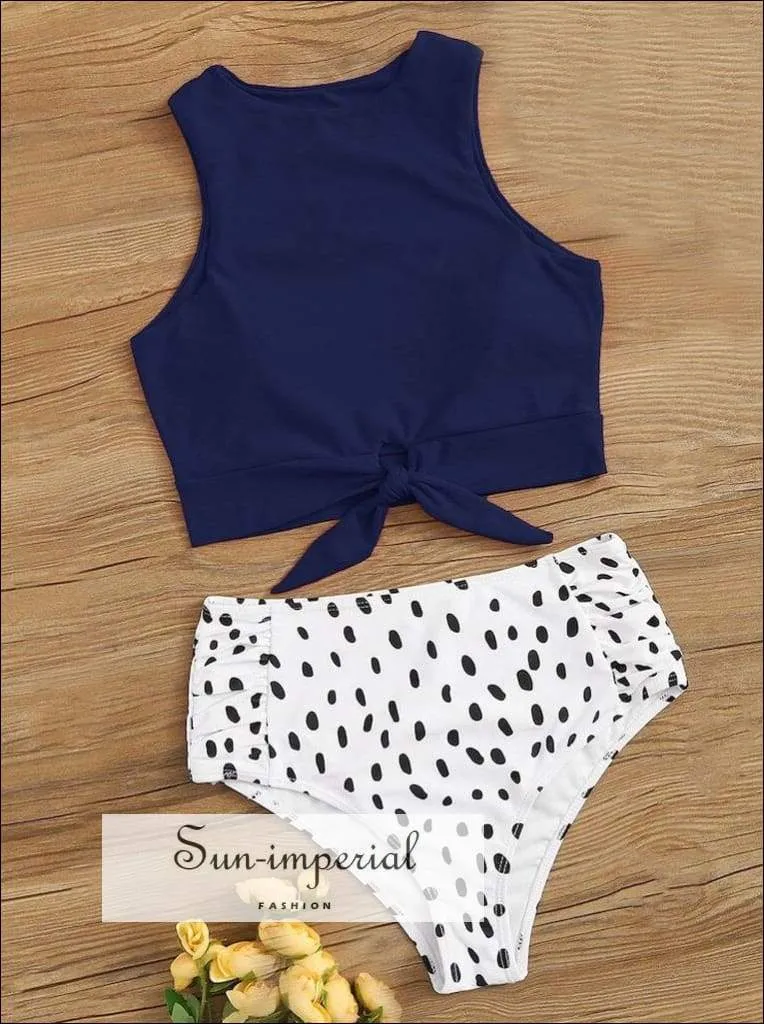 Knot front top with Dot High Waist Bikini Set - Red top and with Black Spot High Waist bottom