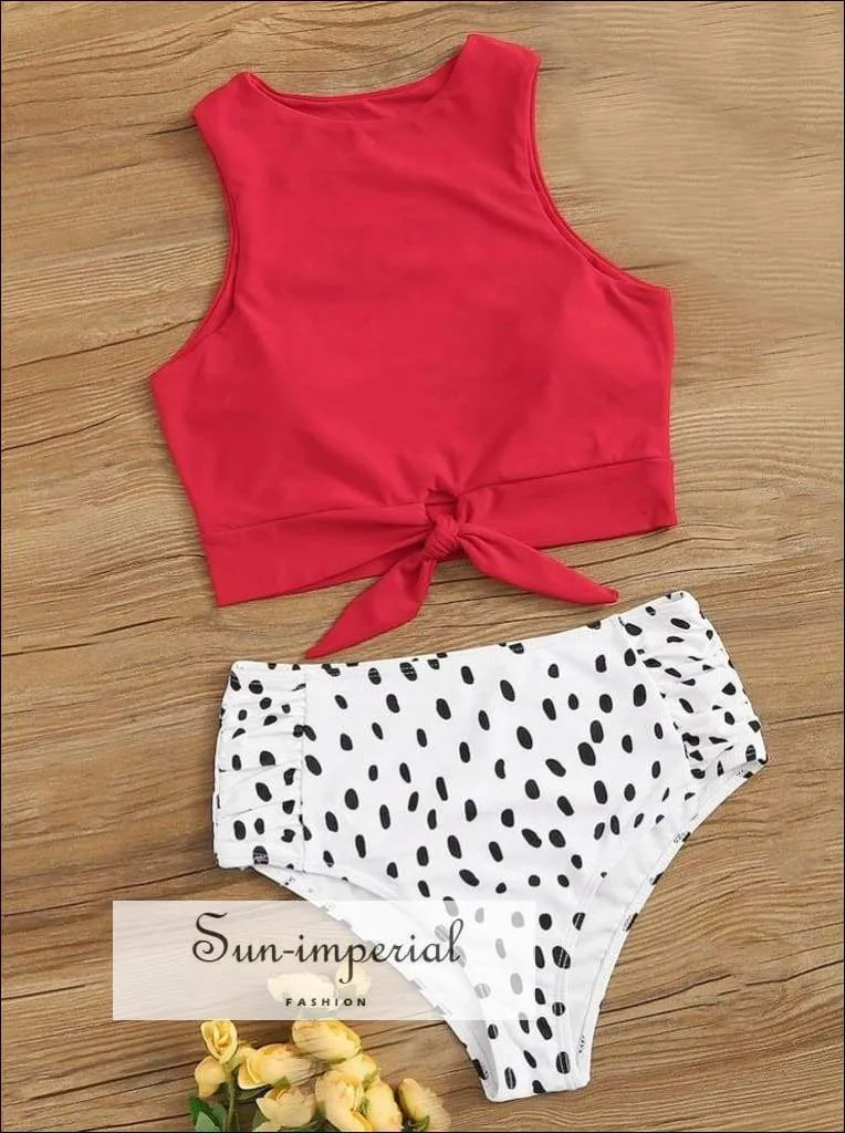 Knot front top with Dot High Waist Bikini Set - Red top and with Black Spot High Waist bottom