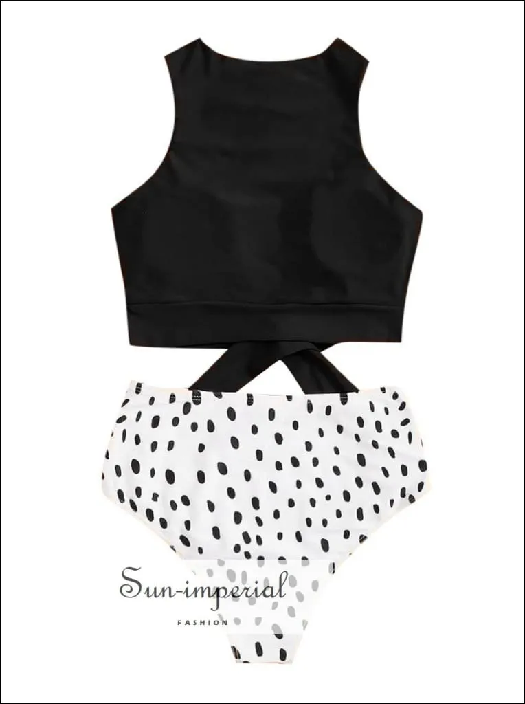 Knot front top with Dot High Waist Bikini Set - Red top and with Black Spot High Waist bottom