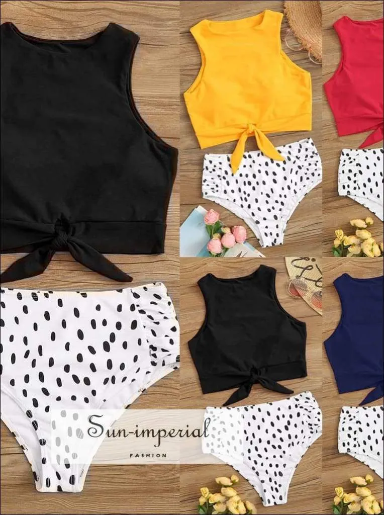 Knot front top with Dot High Waist Bikini Set - Red top and with Black Spot High Waist bottom