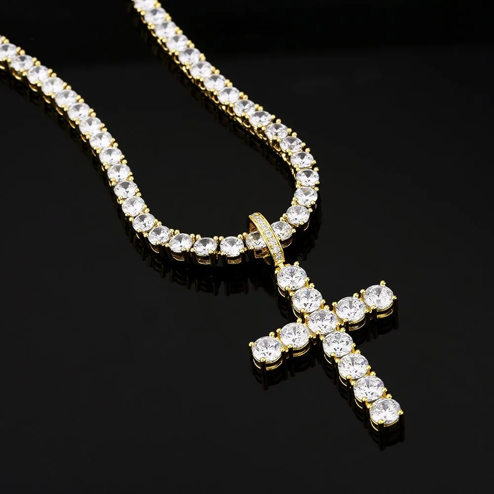 KRKC 4mm CZ Diamond Mens Tennis Chain Necklace with Iced Out Cross Pendant in White Gold/14K Gold