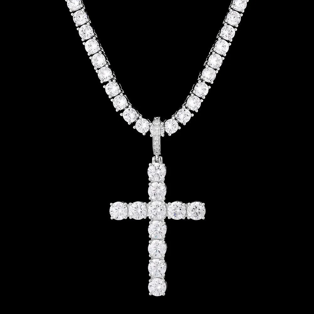 KRKC 4mm CZ Diamond Mens Tennis Chain Necklace with Iced Out Cross Pendant in White Gold/14K Gold