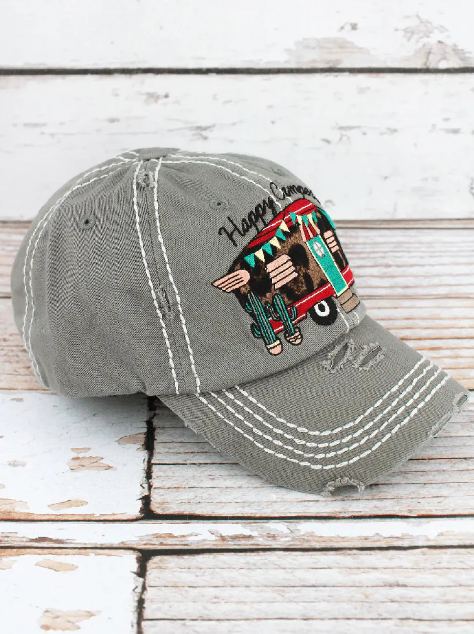 Leopard Happy Camper Steel Distressed Hat