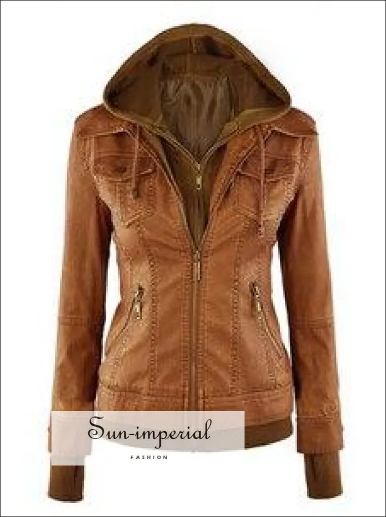 Long Sleeve Faux Leather Two-piece Women's Leather Jacket Pocket 4 Colors Xs-xl