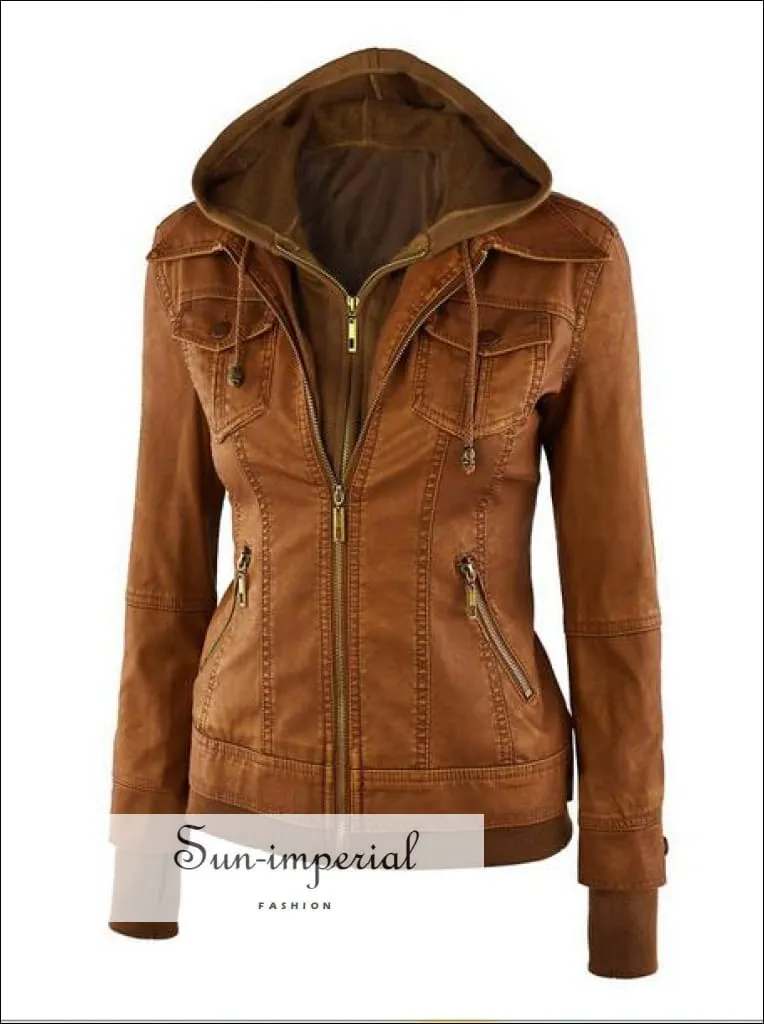 Long Sleeve Faux Leather Two-piece Women's Leather Jacket Pocket 4 Colors Xs-xl