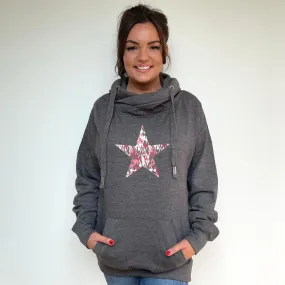 Luxury Cowl Neck Pink Camo Star Hoodie - Charcoal